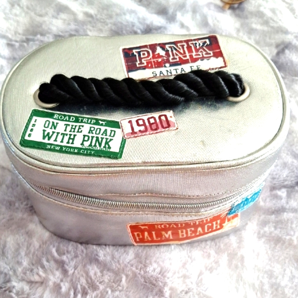 PINK Victoria's Secret Silver Travel Case with Black Rope Handle Vintage Y2K